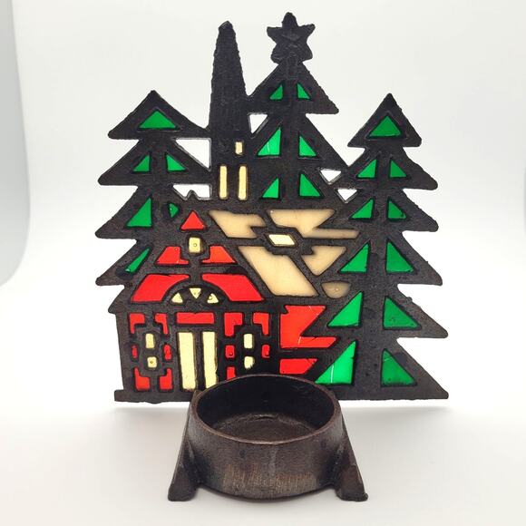 VTG Cast Iron Stained Glass Tea Light Holder Church Trees Taiwan Holiday Cozy - Picture 2 of 10